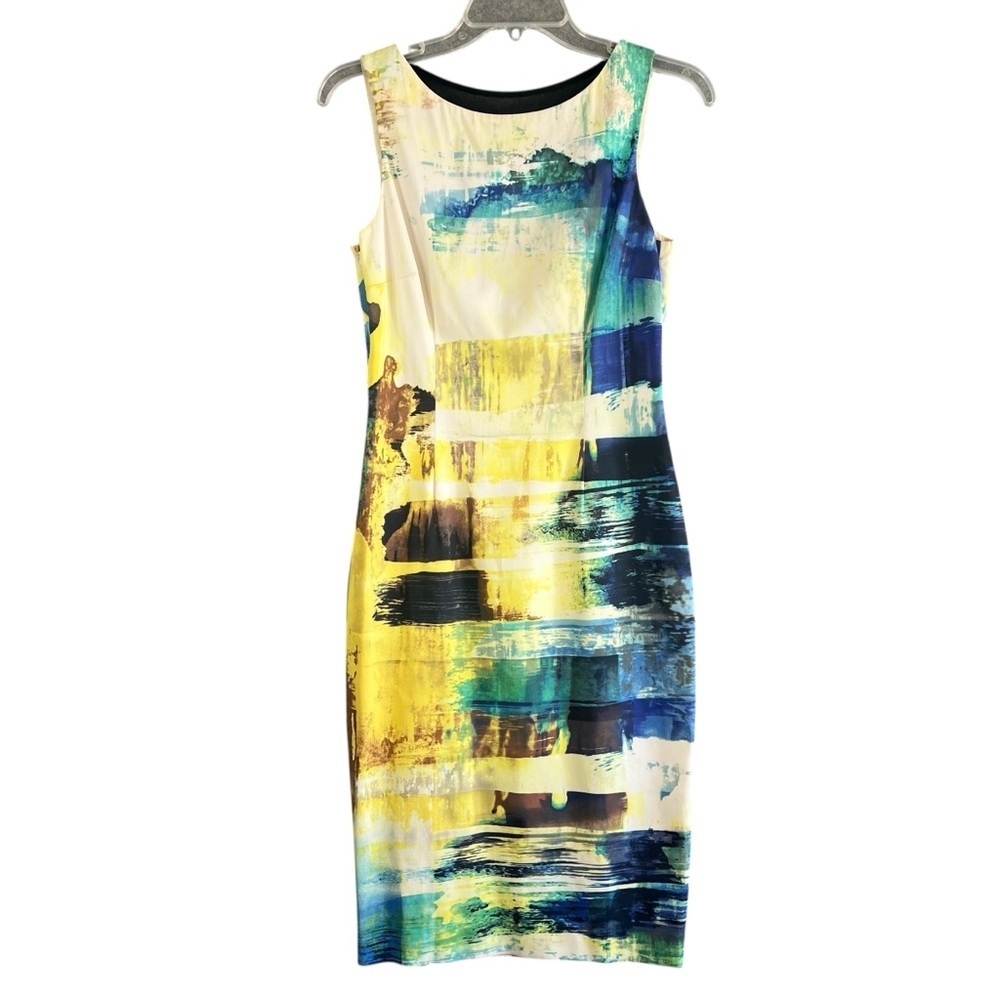Abstract Brushstroke Sheath Dress in Yellow & Blue